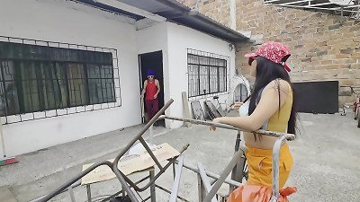 "NEW year GIFT: Homeless chick slurps BANANA while getting doggy assfuck